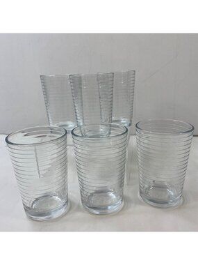 Set 6 Clear Glass Drinking Glasses Ribbed Horizontal Etched Ridges